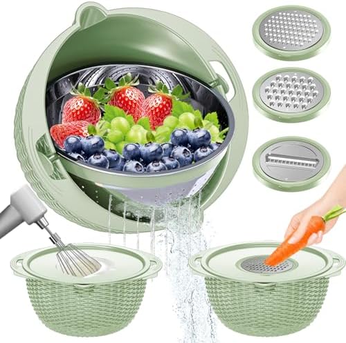 4-1 Colander with Fruit Bowl Set - Colander for Kitchen, Rotatable Strainers and Colanders(Patented), Pasta Strainer with New Upgraded Graters for Fruit, Veggie, Aesthetic Kitchen Essentials - Green