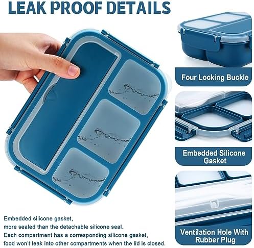 shell and turtle Bento Box Adult Lunch Box, Kids Lunch Containers for School with 4 Compartments, with Utensils, Sauce Jar, Muffin Liners, Microwave Safe, Navy