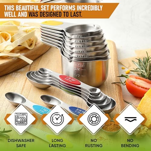 Spring Chef 15 Magnetic Measuring Cups & Spoons Set w/Levelers, Multicolor