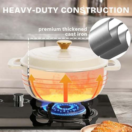 Bonnlo 5QT Round Dutch Oven, Enameled Cast Iron Dutch Oven Pot with Lid & Dual Handles, Oven Safe Up to 500° F, for Sourdough, Bread Baking, Stews and Roasting, White