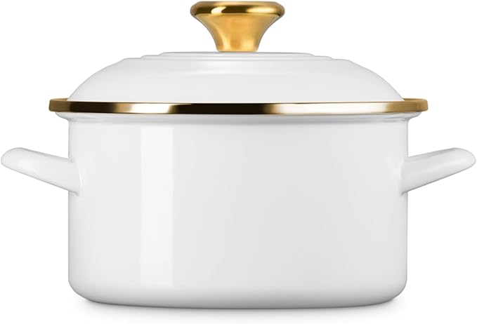 Le Creuset Enamel on Steel Traditional Petite Stockpot, 3.8 qt., White with Gold Accents
