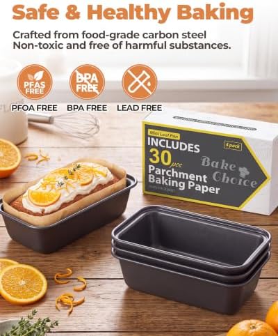 Bake Choice 4 Pack Mini Loaf Pans with 30PCS loaf liners