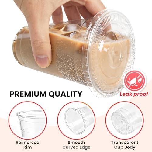 100 Pack 24 oz Plastic Cups with Lids and Straws, Clear Disposable Plastic Cups, Heavy Duty Iced Coffee Cups with Leak-Resistant Lids, Cold Drink Cups for Smoothies, Juice, Soda & Party To Go