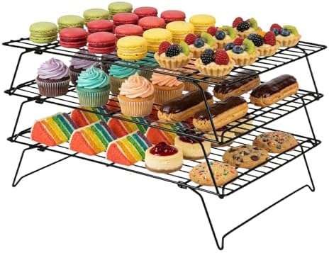 ShellKingdom Cooling Racks, Stainless Steel Non-Stick Baking Racks And Oven Safe Wire Cool Racks for Cookies, Cakes and Baking,3-Tier,Foldable