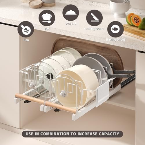 Magheo 2 Pack Pull Out Pots and Pans Organizer Under Cabinet, 22" Deep Expandable Pot Lid Organizer and Storage with 10 Adjustable Dividers Adhesive Pot and Pan Holder Rack with Handle Bracket(White)