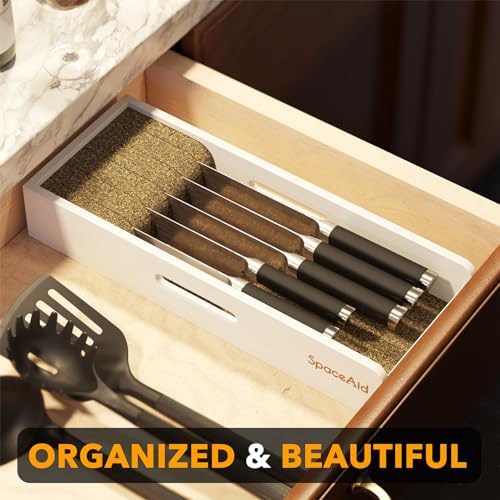 SpaceAid Knife Drawer Organizer Bamboo Insert Dock, Kitchen Steak Knives Holder Organizers Block for Drawer in Storage Organization (Small, White)