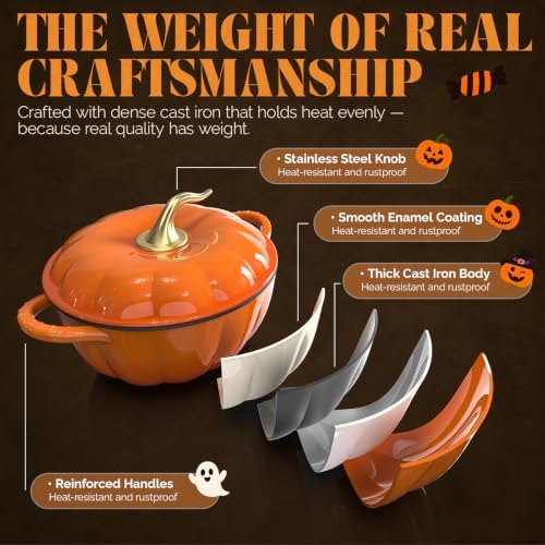 ROVSUN Pumpkin Dutch Oven Pot with Lid – Enameled Cast Iron Pumpkin Shaped Pot with Gold Stem Knob, Matching Halloween Trivet & Oven Mitts, Fall Cookware for Soup, Stew & Braising, Orange, 5QT