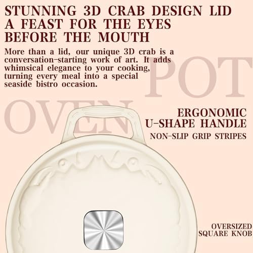 Enameled Cast Iron Dutch Oven - 5QT Dutch Oven Pot with Crab Lid & Oversized Knob & Ergonomic Handles - Heavy Duty Cookware for Braising, Stews, Roasting, Bread Baking - Cream White