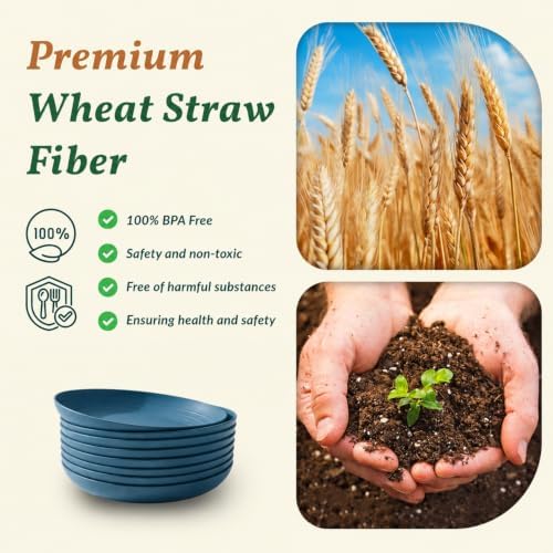Homienly Unbreakable 8 Pcs Deep Dinner Plates Reusable Plastic Wheat Straw Plates Set Lightweight Kitchen Plates for Salad, Lunch, Dessert, Microwave & Dishwasher Safe Plates for Camping (Blue, 9 In)