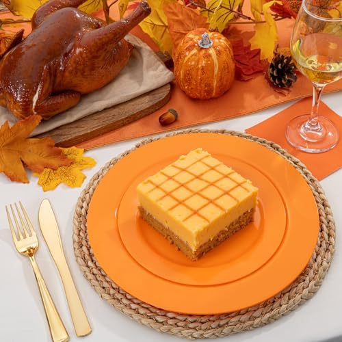 FLOWERCAT 60PCS Orange Plates - Heavy Duty Orange Plastic Plates Disposable for Fall Party & Halloween&Thanksgiving - Serve 30 Guests 10.25inch and 7.5inch