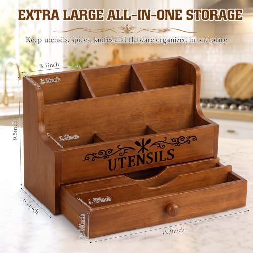 Wooden Kitchen Utensil Holder with Magnetic Knife Block, Brown