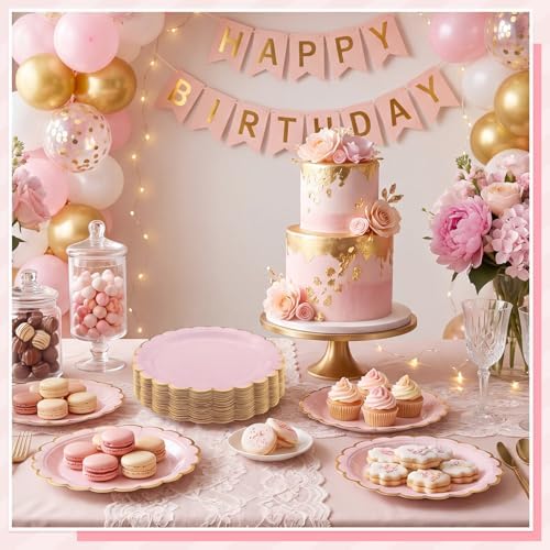 NatNarr 30 Pk Pink Gold Plates 9" Disposable Scalloped Pink Paper Plates