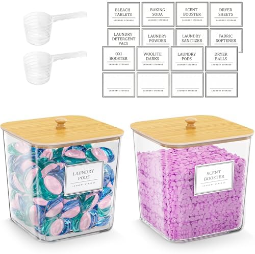 HomePekite Laundry Pods Storage Container, Clear Acrylic Laundry Room Organization and Storage ,Detergent Powder Container,with Wooden Lids & Labels, 2 Pack
