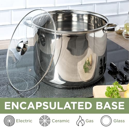 Ecolution Pure Intentions Stock Pot - Features Tempered Glass Lid, Keep Cool Handle, and Encapsulated Bottom - Oven Safe - Curbside Recyclable Stainless Steel - 16 Quarts