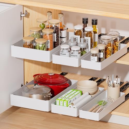 Delamu 3 Pack Pull Out Cabinet Organizer, 15.7"Deep Pull Out Drawers for Cabinets, Slide Out Drawers for Kitchen Cabinets, Bathroom Cabinet Organizer, Pantry (White)