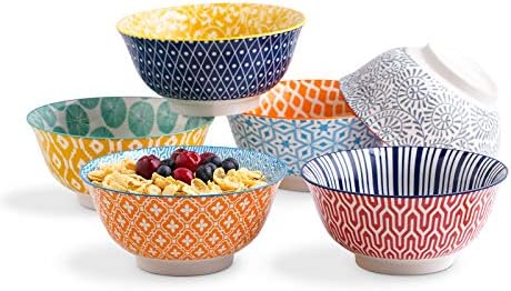 Selamica Porcelain 20oz Cereal Bowl Set - Set of 6, 6 inch Soup Bowls, Ceramic bowls for Cereal, Soup, Salad and Pasta, Colorful bowls