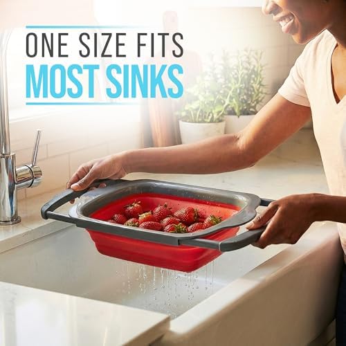 Comfify XL Large Kitchen Strainer - Collapsible Silicone Over-The-Sink Colander with Extendable Handles - Use with Pasta, Fruit, Berries & Veggie - 6 Quart - Red