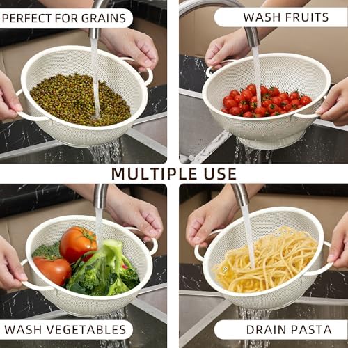 Stainless Steel Colander 3 Piece,Metal Strainer Basket with Solid Base and Handles for Kitchen Food,Pasta, Noodles, Vegetables and Fruits,Powder Coated,BPA Free,Dishwasher Safe,2 & 3 & 4.5 Qt (Cream)