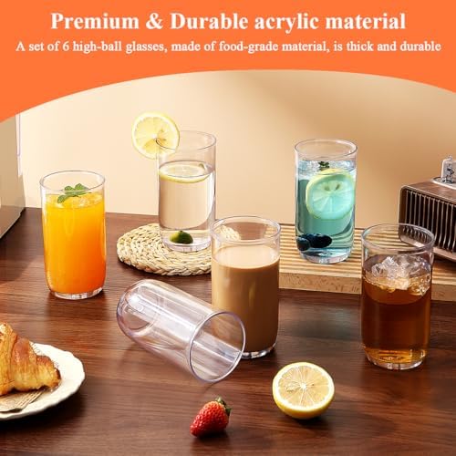 HOMQUEN 14oz Highball Glasses, 6pcs Drinking Glasses, PET Clear Plastic Water Glasses, Beer Glasses, Iced Coffee Glasses, Ideal for Cocktail, Whiskey, Soda, Tea, Water, Gift