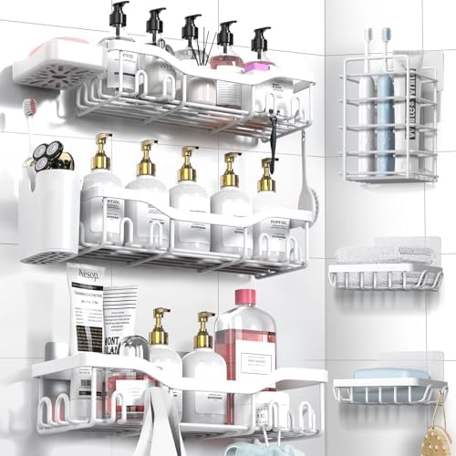 NESOMI Shower Caddy Adhesive Shower Organizer 8-Pack, Rustproof Stainless Steel Bathroom Shelves, Large Capacity No-Drill Rack Storage Accessories with Soap Dish Toothbrush Holder Hooks