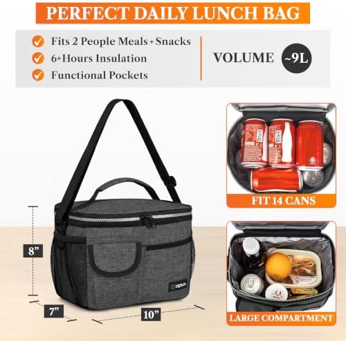 opux Insulated Lunch Box Adult, 14 Can Leakproof Cooler Bag Kid, Charcoal