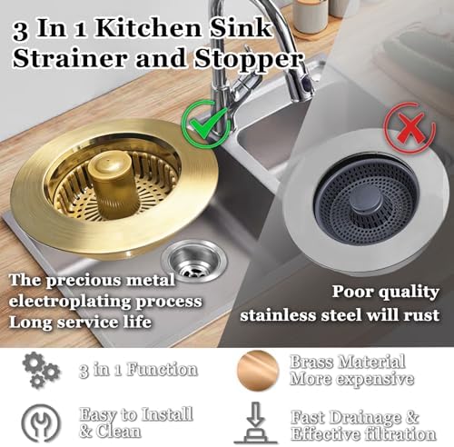 BAOLSLS Kitchen Sink Drain Strainer, 3 in 1 Pop up Kitchen Sink Stopper