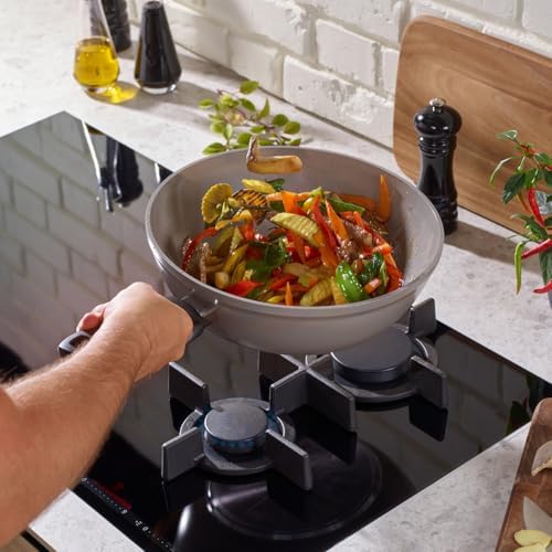 Fissler Ceratal Comfort 12 Inch Ceramic Non-Stick Wok, 5.5 Quart, Warm Grey, Made without added PFAS/PTFE, All Stovetops Including Induction, Made in Germany