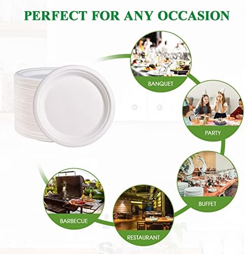 Vplus 150 Pack Compostable Bagasse Paper Plates 9 inch, White