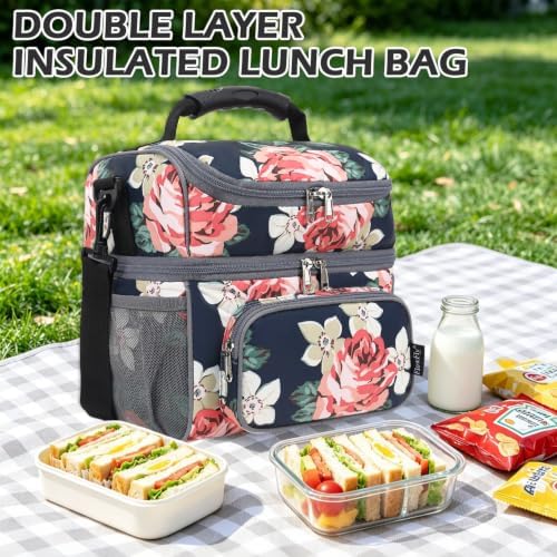 FlowFly Double Layer Cooler Insulated Lunch Bag Adult Lunch Box Large Tote Bag for Men, Women, With Adjustable Strap,Front Pocket and Dual Large Mesh Side Pockets
