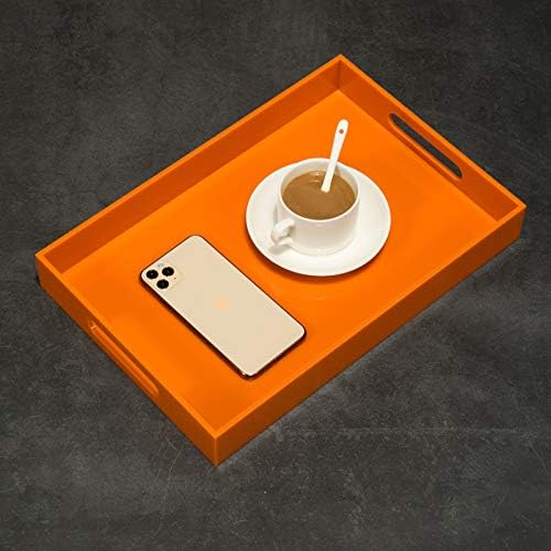 KEVLANG Orange Sturdy Acrylic Serving Tray with Handles-10x15Inch-Serving Coffee,Food,Breakfast,Butler-Kitchen Countertop Tray-Makeup Drawer Organizer-Vanity Table,Ottoman Tray-Decorative Tray