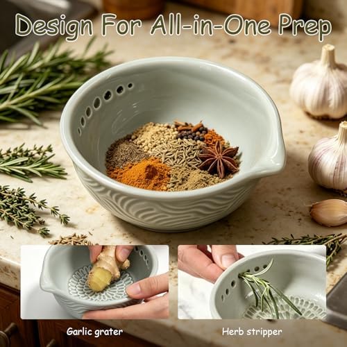 Grater Plate, 3 in 1 Handmade Tool Ceramic Bowl with Herb Stripper (Gray)