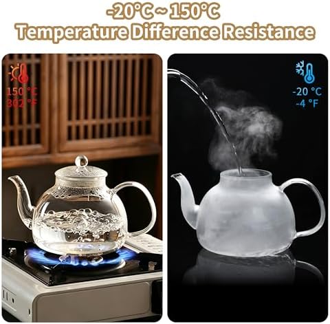 DOPUDO 40OZ (1200ML) Glass Teapot with Infuser Stovetop Safe, Clear Glass Tea Pot Kettle, Borosilicate Tea Pot with Infusers Filter for Loose Tea, Tea Kettle Dishwasher Safe.