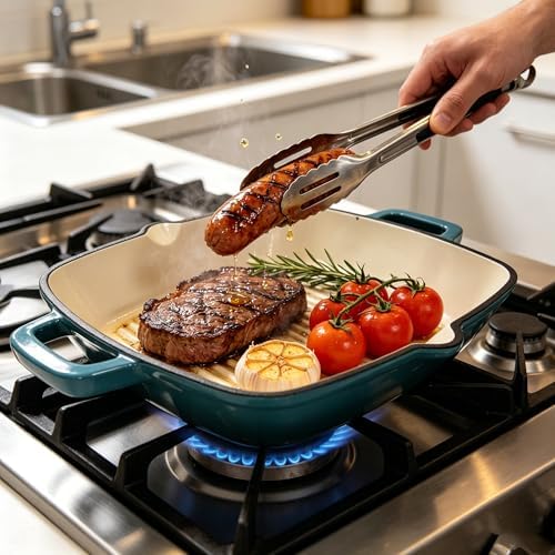 Enameled Cast Iron Square Grill Pan (Peacock Blue, 10 inch)