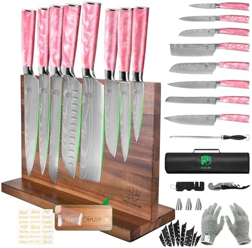FULLHI 15pcs Japanese Knife Set with Magnetic Knife Block Holder, Stainless Steel Blades, Pink Resin Ergonomic Handles for Professional and Home Cooking