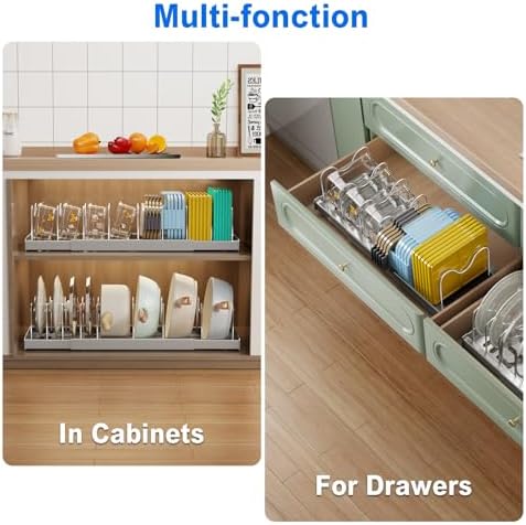 Mustorn 2 Pack Pots and Pans Organizer Under Cabinet, 22" Expandable Food Storage Container Lid Organizers with 9 Adjustable Dividers Pot and Pan Lid Holders Rack Inside Cabinet/Countertop(Gray)