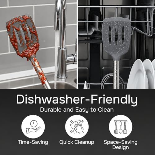 Silicone Spatula Set (2-Pc) - 600°F Heat Resistant, BPA Free, Non-Scratch, Dishwasher Safe I Slotted & Solid Kitchen Spatula Turners I Ideal for Eggs, Pancakes, Fish I Stainless Steel I Gray
