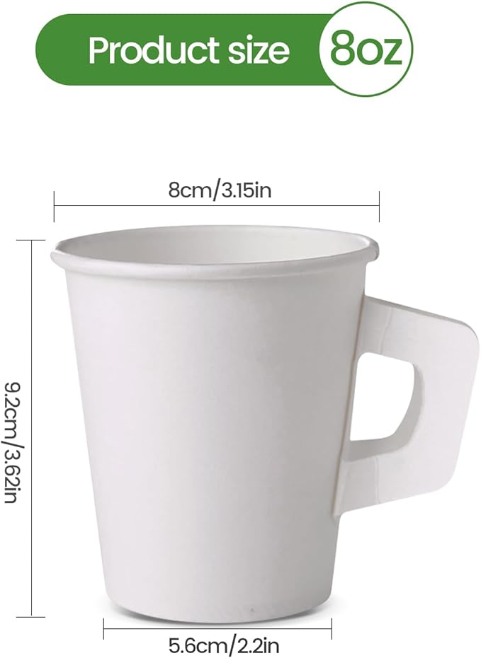 Disposable Tea Cups for Tea Party,8 Oz Paper Coffee Cups with Handles,Disposable Paper Cups for Hotel Motel Room Home Cafes Bistros Parties(50 Pcs)