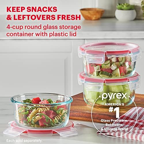 Pyrex Freshlock 4 Cup Glass Food Storage Container, Plastic Locking Lids