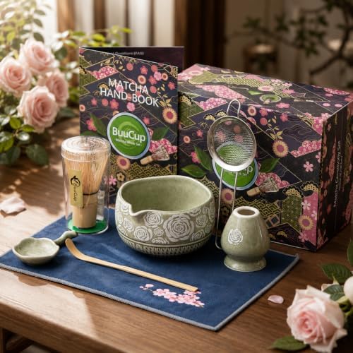 Matcha Whisk Set, 7-Pc Ceramic Matcha Bowl Kit, Bamboo Whisk,（Rose Green）