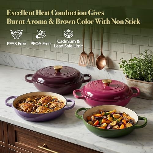 3 Quart Enameled Cast Iron Braiser, Non Stick Enameled Cast Iron Skillet with Lid, Dutch Oven Skillet with lid up to 500°F for Oven, Stove, Grill, Shallow Dutch Oven for Cook, Bake (Golden Green)