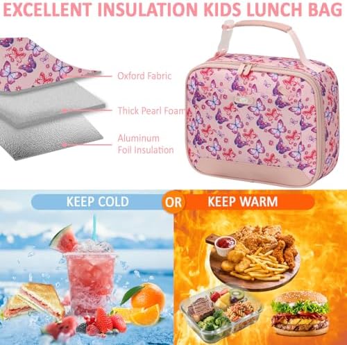 Tenot Lunch Box Kids Insulated Lunch Tote Bag Pink Butterfly
