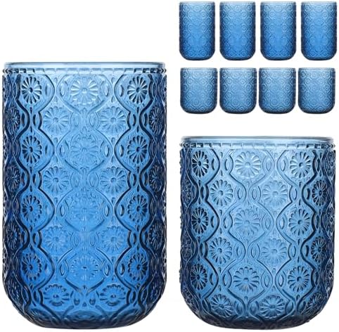 Set of 8 Vintage Embossed Glassware,4 Highball Glasses 14oz & 4 Rocks Drinking Glasses 9oz, Blue, Art Deco, for Wine, Water, Cocktail, Juice, Whiskey, Gift
