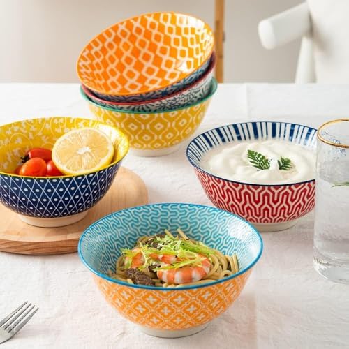 KitchenTour Ceramic Bowls Set - 10 oz Serving Bowls For Kitchen - Cereal, Ice Cream, Soup, Salad, Rice, Dessert Ceramic Bowls - Assorted Colorful Set of 6 - Microwave Dishwasher Safe - 5 Inch