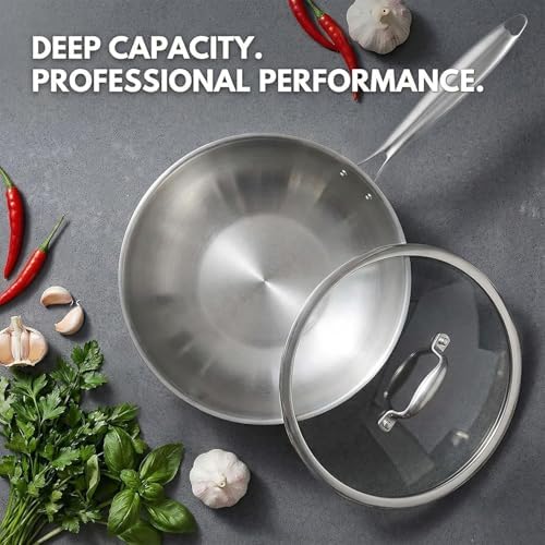 Inqibee 10 Inch Stainless Steel Wok Pan with Lid, Riveted Handle