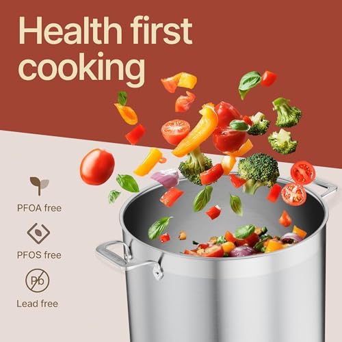 Stainless Steel Stockpot with Lid 24 Quart, Durable 18/8 Stainless Steel, Impact-Bonded Base for Even Heating, Riveted Handles, Oven & All Stove Compatible, Safe Up To 500°F (260°C)