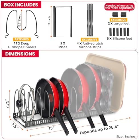 Better Things Home 7.5” Wide 12-Slot Adjustable Large Pan and Pot Lid Organizer with Scratch-Free Pads, Expandable Pot Lid Holder Rack for Cabinet, Pots and Pans Organizer Inside Cabinet