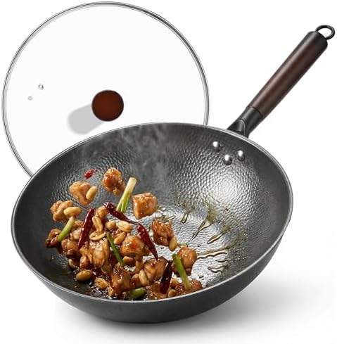 13 Inch Carbon Steel Wok with Lid, Large Flat Bottom Woks & Stir-Fry Pan