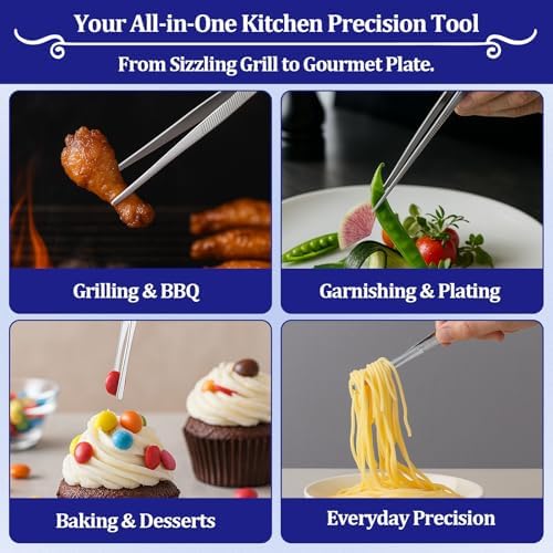 12-inch Stainless Steel Cooking Tongs & Tweezers, Non-Slip Grip & Serrated Tips for Grilling, Baking, Garnishing, BBQ, Kitchen & Craft Use (Straight Tip & Round Tip)