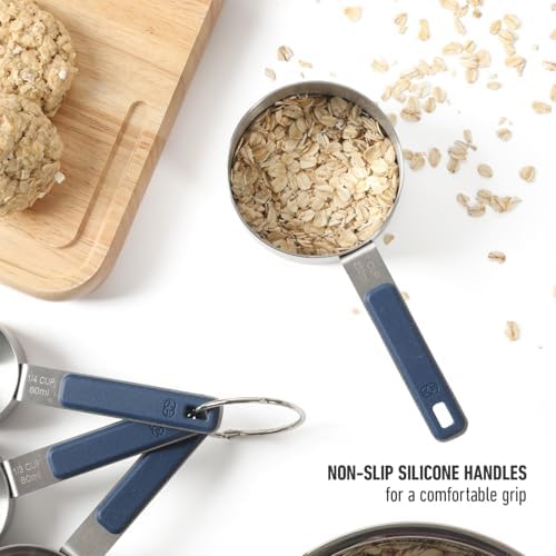 Calphalon Prime Measuring Cups, Kitchen Measurement Cup, 4-Piece Stainless Steel Kitchen Measuring Cup with Navy Silicone Handle Accurate, Durable for Dry and Liquid Ingredients