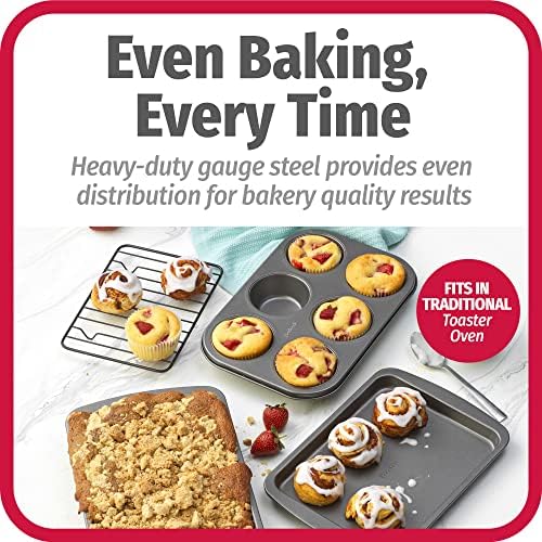 GoodCook 4-Piece Nonstick Steel Toaster Oven Set with Sheet Pan, Rack, Cake Pan, and Muffin_Pan, Gray, Set Distributes Heat Evenly, Nonstick Coating, Dishwasher-Safe 4-Piece (Pack of 6)